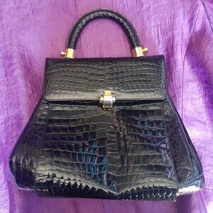 Vintage Faux Alligator Patent Black Evening Bag Purse Made in Italy